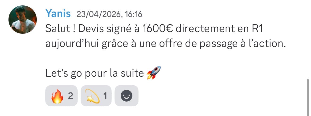 Message de Yanis : devis signé à 5 000€ dès le R1