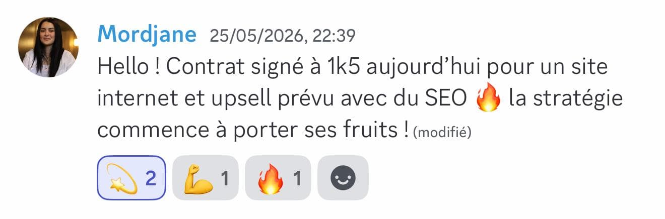 Message de Mordjane : contrat signé à 1 500€ pour un site internet, upsell SEO prévu